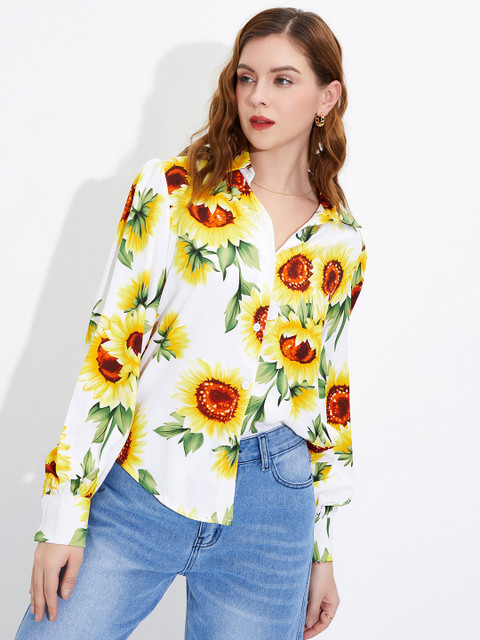 

URBANIC Blue Floral Print Shirt Style Top