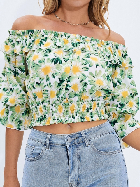 

URBANIC White Floral Print Off-Shoulder Bardot Crop Top