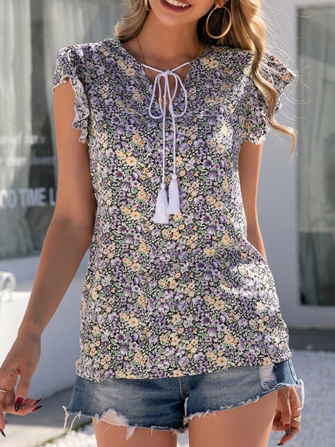 

URBANIC Black Floral Print Tie-Up Neck Top