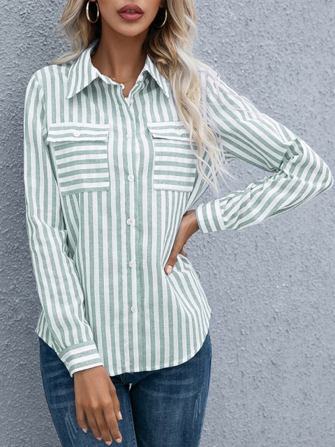 

URBANIC White Striped Roll-Up Sleeves Shirt Style Top