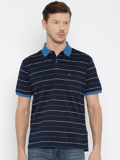 

Parx Men Navy Blue Striped Polo Collar T-shirt