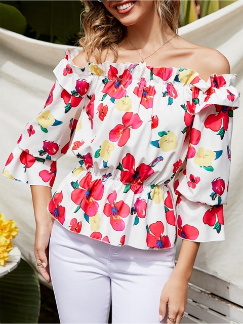 

URBANIC White Floral Print Off-Shoulder Bardot Top