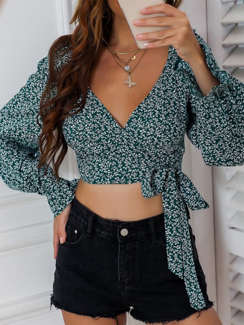 

URBANIC Black Floral Print Wrap Crop Top