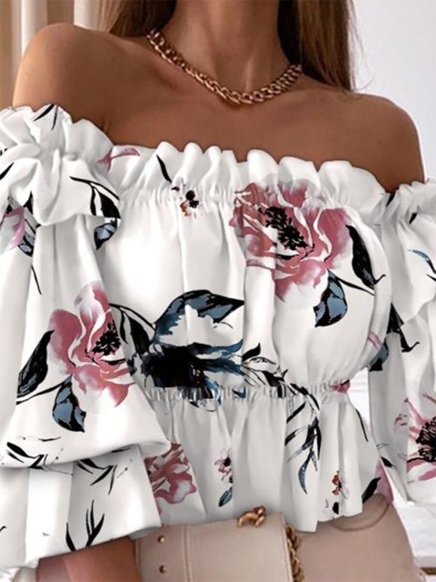 

URBANIC Pink Floral Print Off-Shoulder Bardot Top
