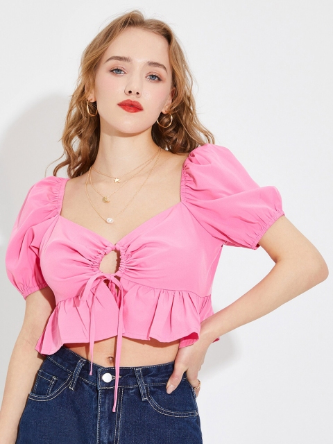 

URBANIC Beige Tie-Up Neck Crop Top