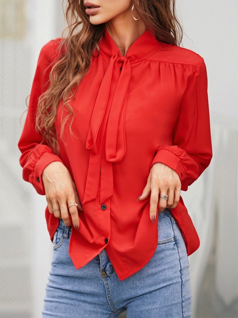 

URBANIC Red Tie-Up Neck Blouson Top