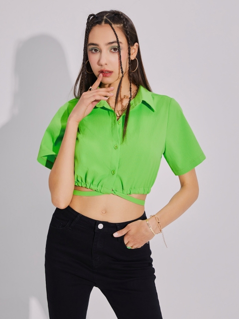 

URBANIC Black Extended Sleeves Shirt Style Crop Top