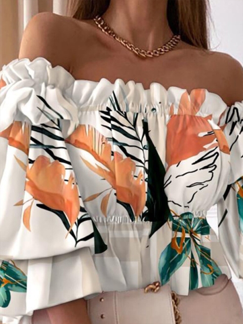 

URBANIC Blue Floral Print Off-Shoulder Bardot Top