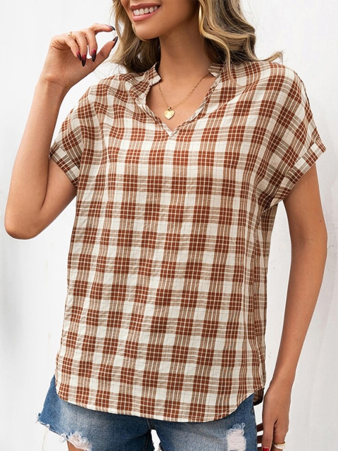 

URBANIC Black Checked Mandarin Collar Extended Sleeves Top