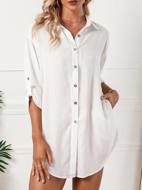 

URBANIC Blue Roll-Up Sleeves Shirt Style Top