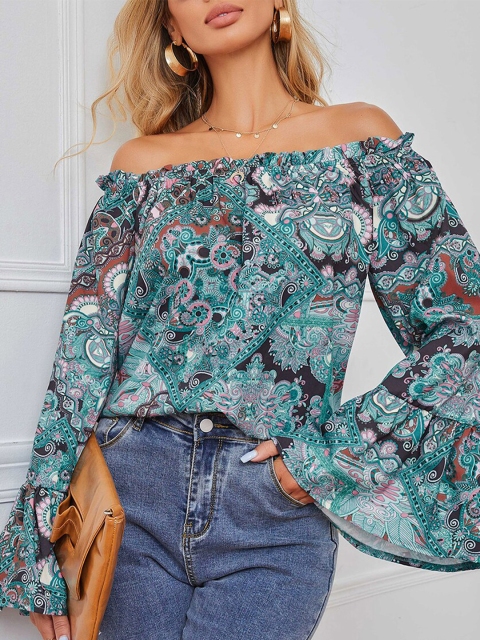 

URBANIC Burgundy Floral Print Off-Shoulder Bardot Top