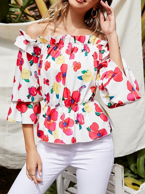 

URBANIC White Floral Print Off-Shoulder Bardot Top