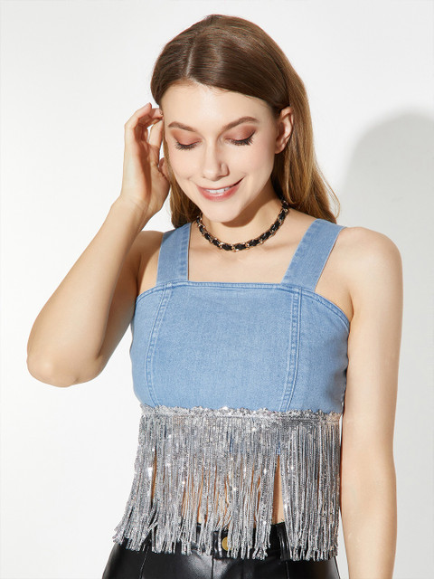 

URBANIC Black & Silver-Toned Denim Crop Top
