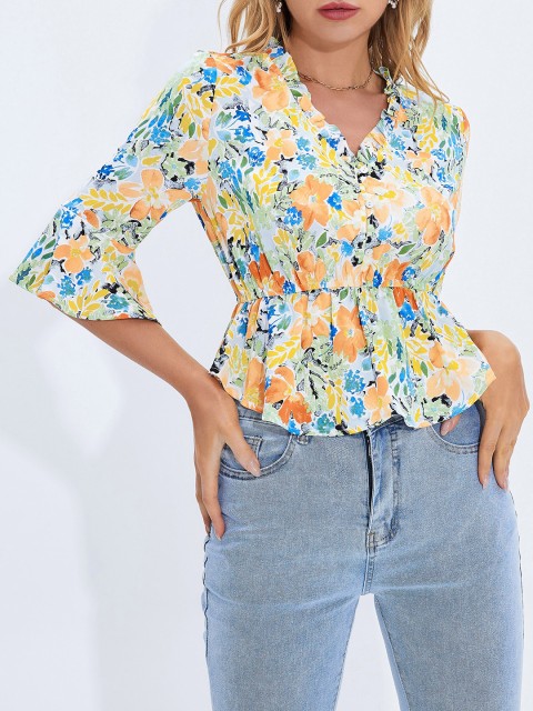 

URBANIC Orange Floral Print Cinched Waist Top