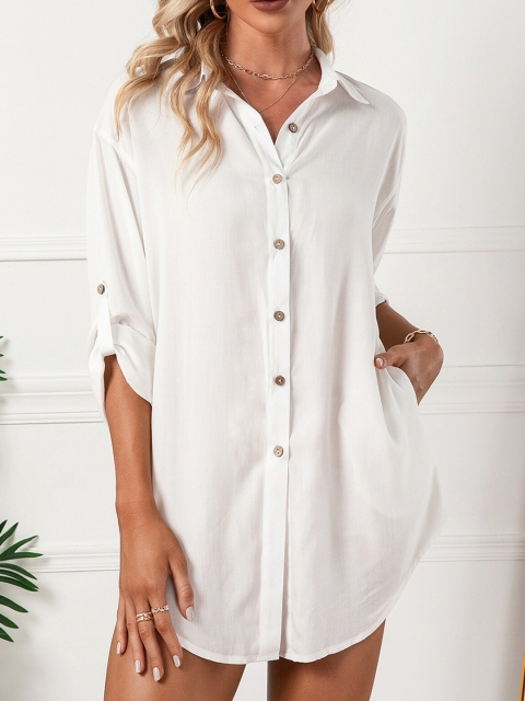 

URBANIC Burgundy Roll-Up Sleeves Shirt Style Top