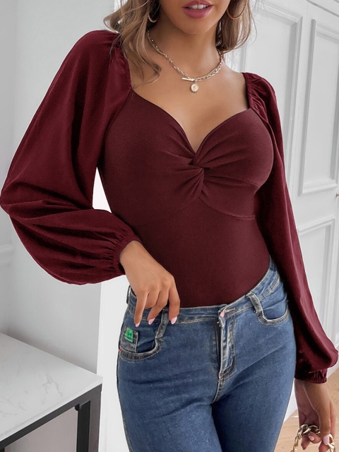 

URBANIC Camel Brown Sweetheart Neck Top