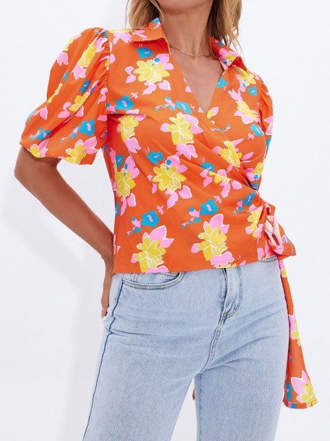

URBANIC Pink Floral Print Wrap Top