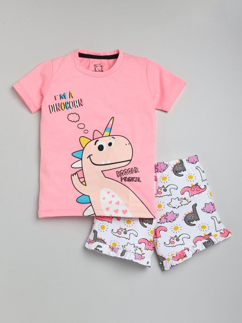 

Lazy Shark Girls Pink & White Printed T-shirt with Shorts