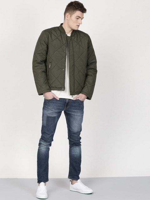 

ether Men Olive Green Solid Bomber Jacket