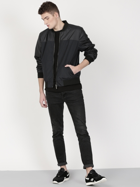 

ether Men Navy Solid Bomber with PU Detail, Navy blue