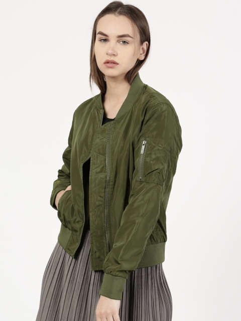 

ether Women Olive Green Solid Bomber