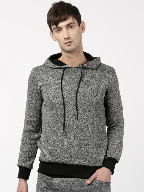 

ether Men Grey Melange Self Design Hooded Sweatshirt
