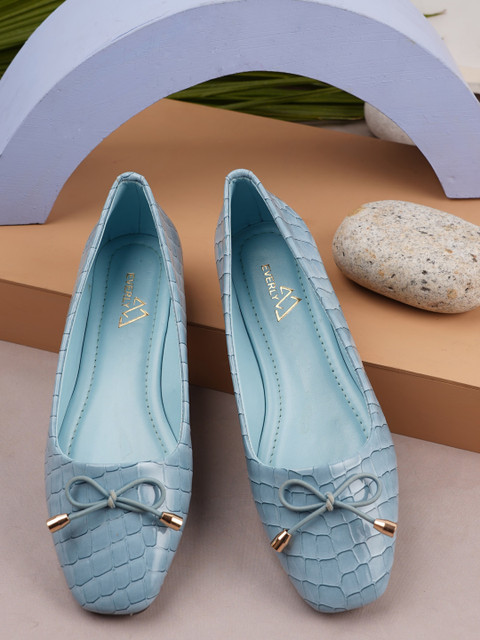 

EVERLY Women Blue Textured Leather Ethnic Bows Flats