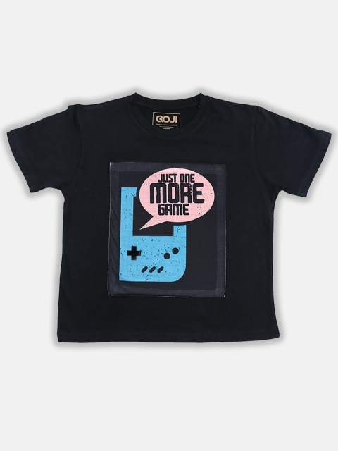 

GOJI Kids Black Typography Printed V-Neck Applique T-shirt