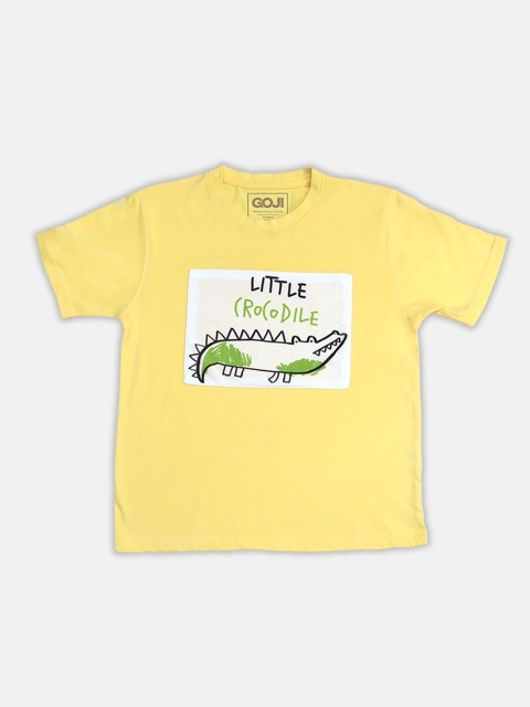 

GOJI Kids Mustard Yellow Printed Extended Sleeves Raw Edge T-shirt