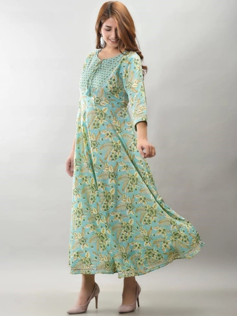 

KALINI Women Green Embroidered Keyhole Neck Cold-Shoulder Sleeves Floral Anarkali Kurta