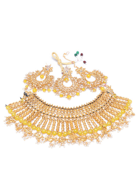 

Swarajshop Gold-Plated Yellow & White Kundan Studded & Beaded Handcrafted Jewellery Set