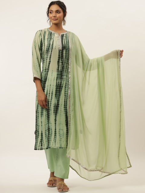 

HOUSE OF JAMOTI Women Green Striped Panelled Gotta Patti Kurti with Trousers & With Dupatta