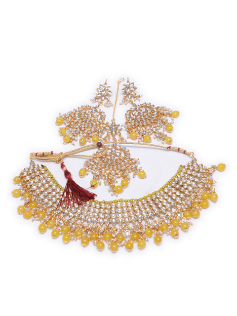 

Swarajshop Gold-Plated Yellow & White Kundan-Studded Jewellery Set With Mangtika