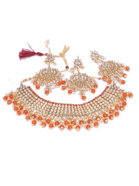 

Swarajshop Women Gold-Plated White & Orange Kundan Studded & Beaded Jewellery Set