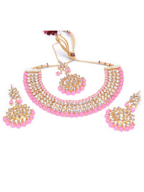 

Swarajshop Gold-Plated Pink & White Kundan-Studded & Beaded Jewellery Set