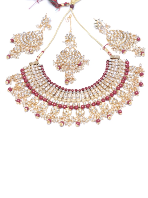 

Swarajshop Gold-Plated Maroon Pearl Beaded Kundan-Studded Jewellery Set With Maangtika