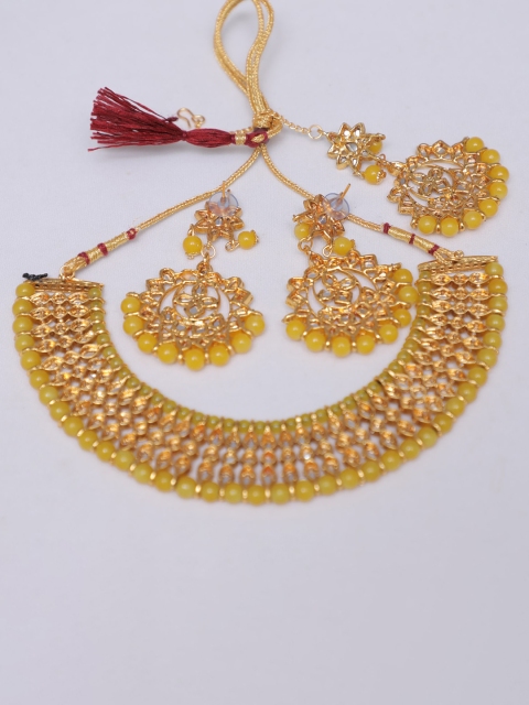 

Swarajshop Gold-Plated Yellow & White .Kundan Studded & Beaded Handcrafted Jewellery Set