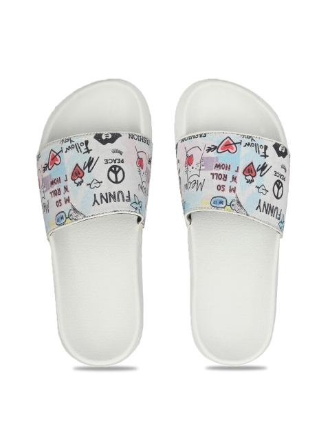 

KLEAT Men White & Black Printed Sliders