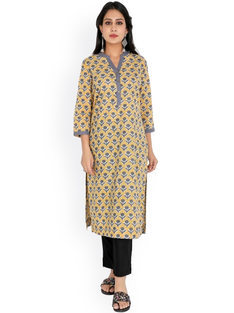 

SUTI Women Mustard Yellow Floral Printed Cold-Shoulder Sleeves Mirror Work Kurta