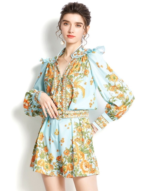 

JC Collection Women Blue & Yellow Printed Top & Shorts