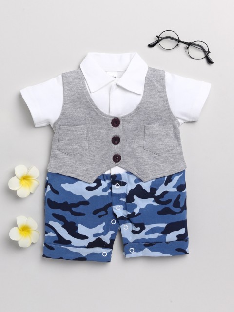 

Olio Kids Infant Boys Blue & White Printed Cotton Rompers