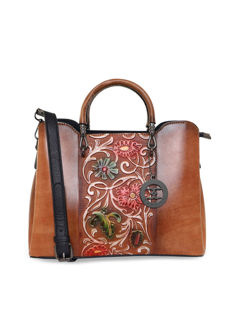 

ESBEDA Tan Floral PU Structured Handheld Bag with Tasselled