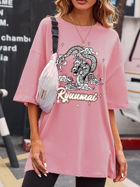 

URBANIC Women Pink Typography Printed V-Neck Applique T-shirt