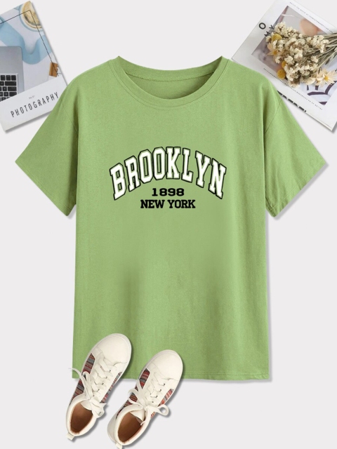 

URBANIC Women Green Typography Printed Applique T-shirt