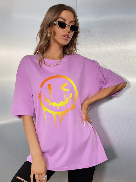 

URBANIC Women Purple Printed Raw Edge T-shirt