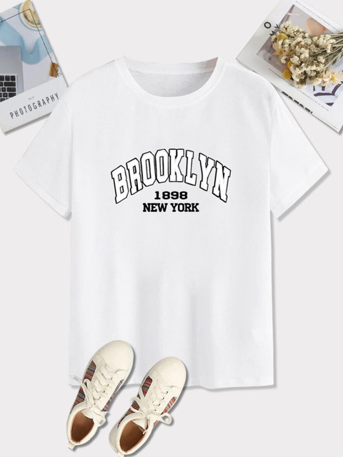 

URBANIC Women White Typography Printed Applique T-shirt