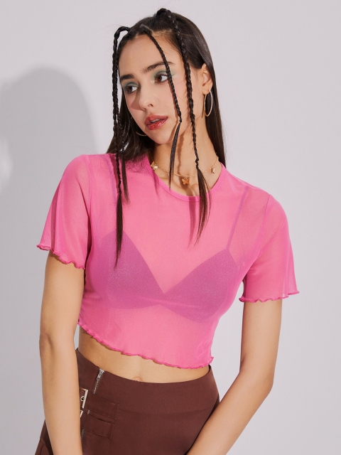 

URBANIC Women Pink V-Neck Extended Sleeves T-shirt