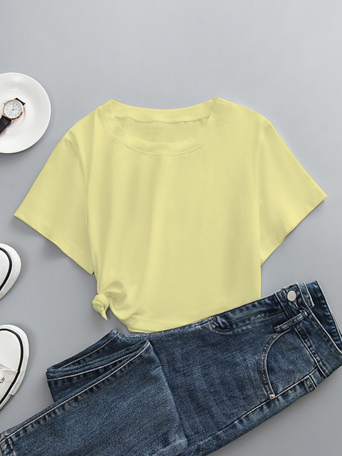 

URBANIC Women Yellow V-Neck Raw Edge T-shirt