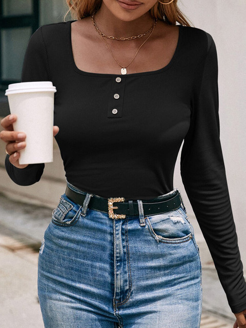 

URBANIC Women Black Striped Henley Neck T-shirt