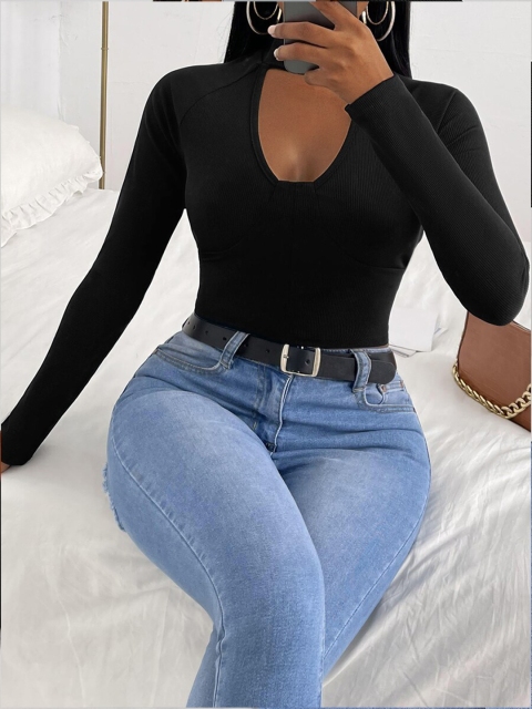 

URBANIC Women Black V-Neck Applique T-shirt